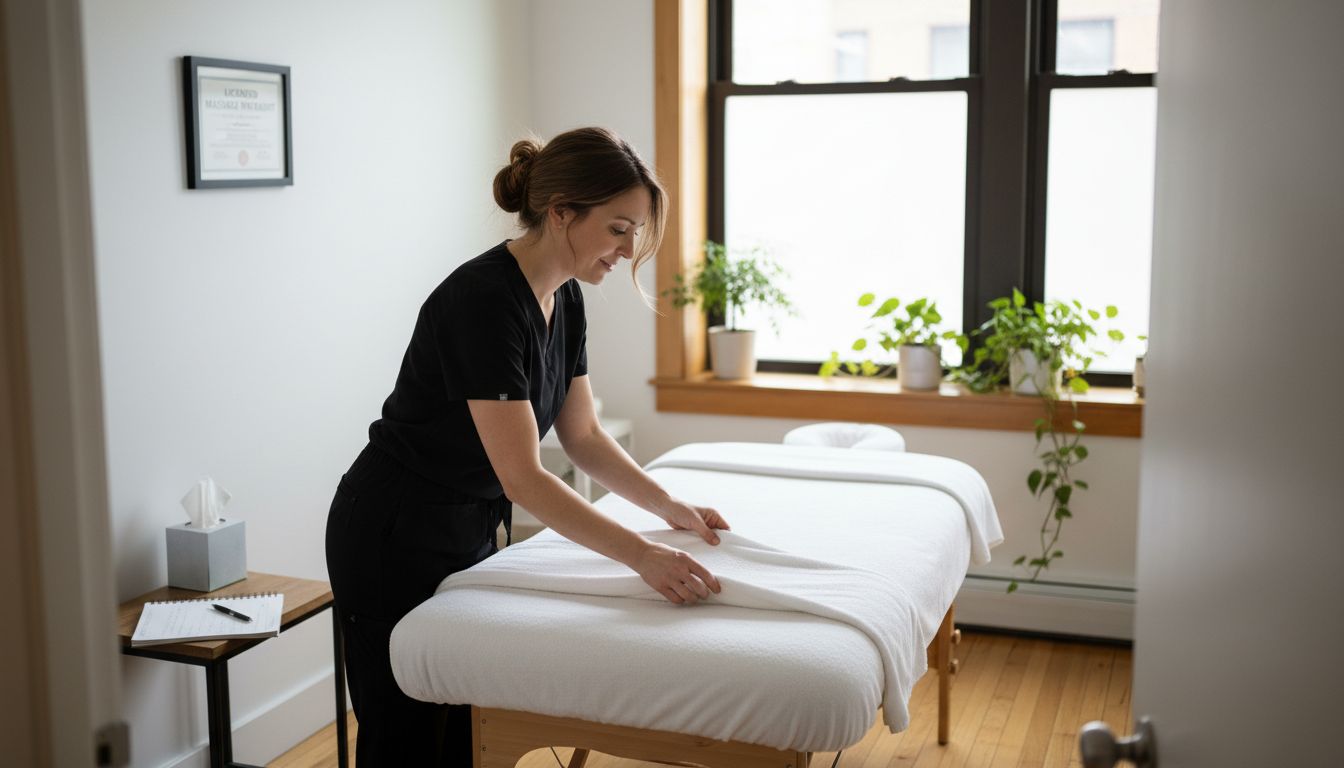 Massage therapist preparing clinic treatment room