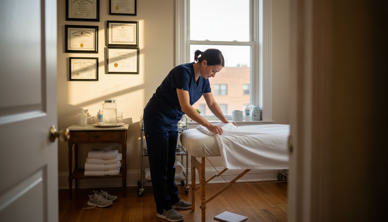Therapist prepping massage table in clinic