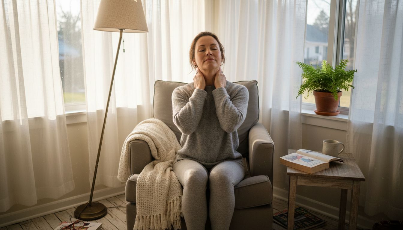 Woman practicing neck self-massage at home